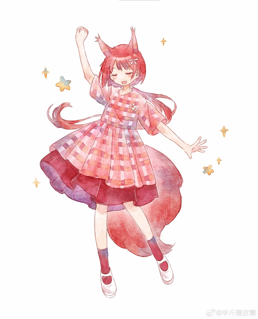 1girl absurdres alternate_costume animal_ears arknights chinese_commentary closed_eyes commentary_request dress flametail_(arknights) full_body hand_up highres long_hair mary_janes plaid_clothes plaid_dress ponytail red_dress red_eyes red_socks sdrzkaige shoes short_sleeves simple_background socks solo sparkle squirrel_ears squirrel_girl squirrel_tail star_(symbol) tail watermark weibo_watermark white_background white_shoes