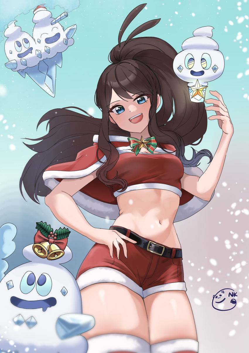1girl absurdres alternate_costume bell belt blue_eyes bow brown_hair christmas evolutionary_line gen_5_pokemon highres hilda_(pokemon) holly long_hair midriff navel neogul_kim nintendo open_mouth pokemon pokemon_(creature) pokemon_bw ponytail red_shirt red_shorts shirt shorts signature smile snow star_(symbol) teeth upper_teeth_only vanillish vanillite vanilluxe