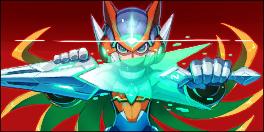 blonde_hair go! helmet hi-go! highres holding holding_weapon long_hair looking_at_viewer male_focus mega_man_(series) mega_man_zero_(series) robot sheath simple_background solo sword weapon zero(z)_(mega_man) zero_(mega_man)