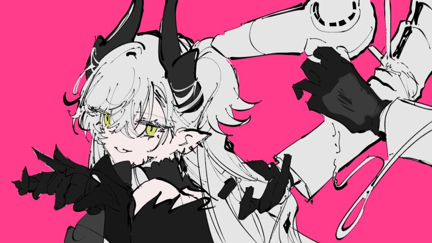 1boy 1girl black_gloves demon_girl demon_horns fate/grand_order fate_(series) gloves green_eyes grey_hair grin hair_dryer highres horns lilith_(fate) lilith_(third_ascension)_(fate) long_hair looking_at_viewer lplplup pink_background pointy_ears smile