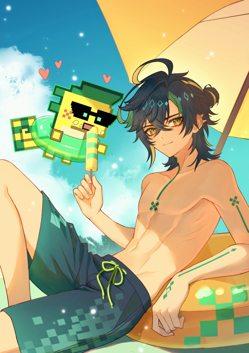 1boy 1other absurdres ajaw_(genshin_impact) arm_tattoo beach_umbrella black_hair black_male_swimwear blonde_hair chest_tattoo closed_mouth erzplubdduik93g food genshin_impact green_eyes green_hair green_male_swimwear hair_between_eyes highres holding holding_food holding_popsicle innertube kinich_(genshin_impact) looking_at_viewer male_focus male_swimwear multicolored_hair multicolored_male_swimwear navel neck_tattoo popsicle short_hair short_hair_with_long_locks stomach streaked_hair swim_ring tattoo topless_male umbrella