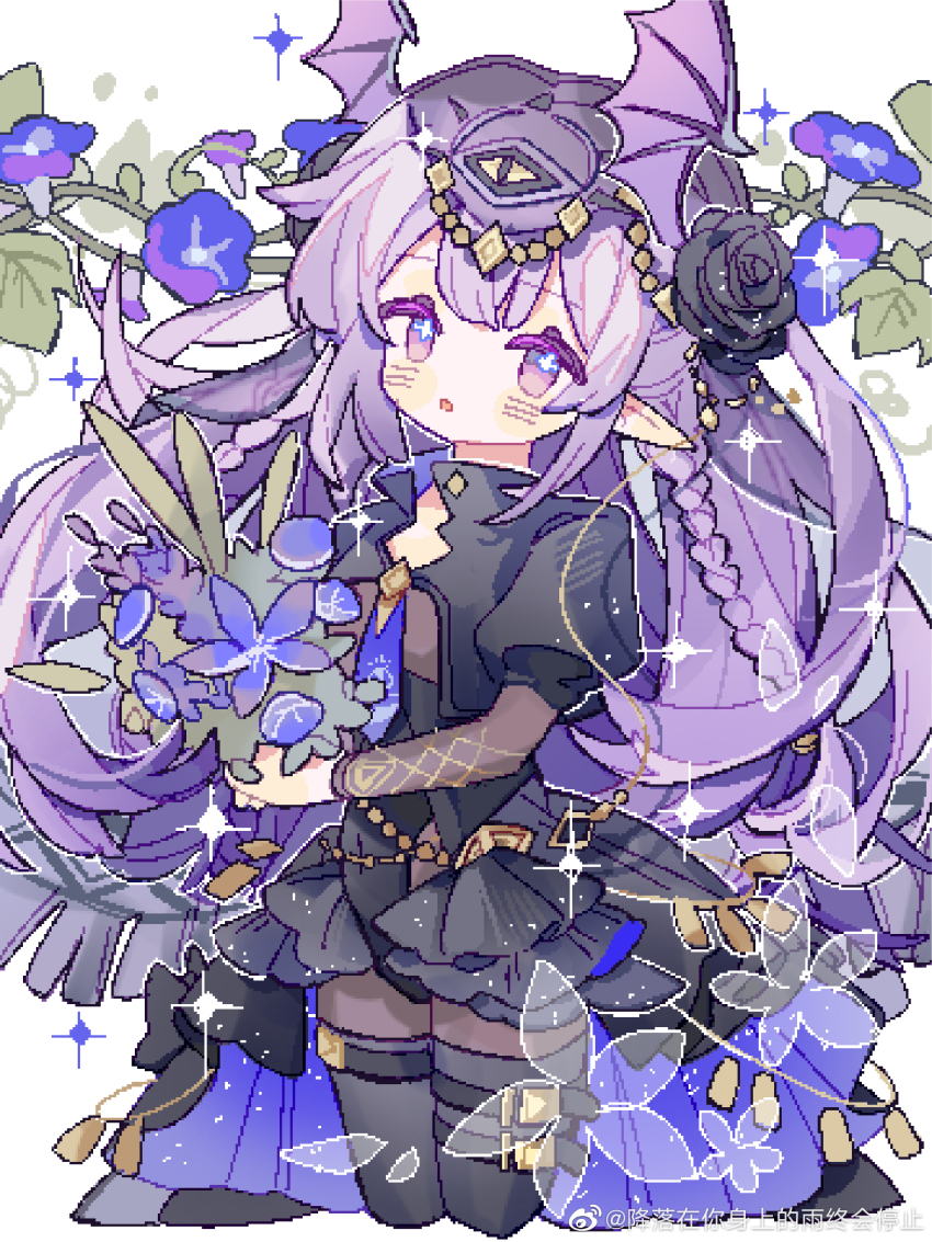 1girl arknights black_dress black_flower black_pantyhose black_rose black_thighhighs black_veil blush bouquet chinese_commentary commentary_request cropped_legs dress flower head_wings highres holding holding_bouquet long_hair looking_at_viewer manticore_(arknights) manticore_(under_a_veil)_(arknights) official_alternate_costume pantyhose pixelated pointy_ears puffy_sleeves purple_eyes purple_flower purple_hair rose saucer_(saucer752) showgirl_skirt simple_background solo thighhighs thighhighs_over_pantyhose veil watermark weibo_watermark white_background wings