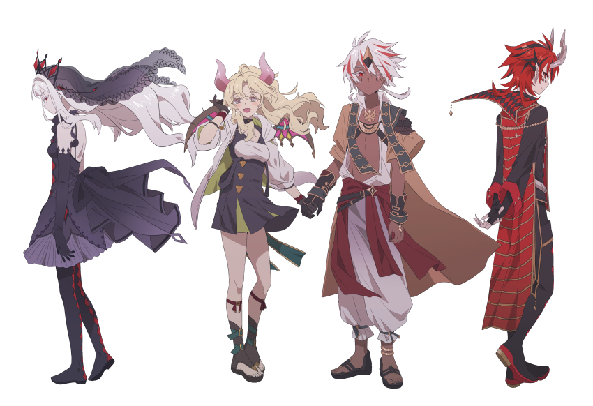 2boys 2girls absurdres albaz_(yu-gi-oh!) aluber_(yu-gi-oh!) aluber_the_jester_of_despia back backless_dress backless_outfit black_dress black_gloves black_pantyhose blonde_hair blush breasts closed_mouth dark_skin dogmatika_ecclesia_the_virtuous dragon_horns dragon_wings dress duel_monster ecclesia_(yu-gi-oh!) elbow_gloves fallen_of_albaz fingerless_gloves gloves guiding_quem_the_virtuous hair_over_one_eye highres holding holding_hands horns incredible_ecclesia_the_virtuous kaichou_(homehome_h) long_hair long_sleeves looking_at_viewer medium_breasts multicolored_hair multiple_boys multiple_girls official_alternate_costume open_mouth pants pantyhose red_eyes red_hair short_hair short_sleeves simple_background smile thighs tiara two-tone_hair veil white_background white_hair white_pants wings yu-gi-oh!