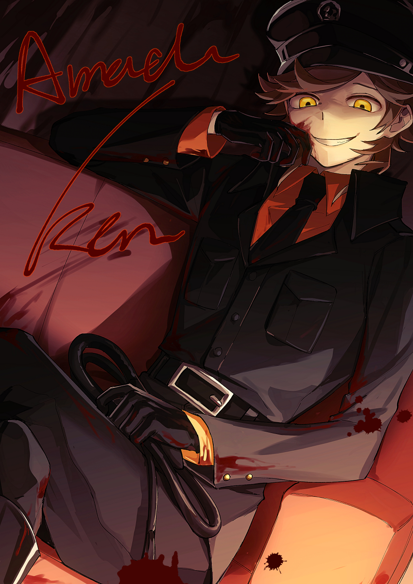 absurdres aged_up amada_ken black_boots black_gloves black_jacket black_necktie black_pants blood blood_on_face boots breast_pocket brown_hair collared_shirt copyright_name crossed_legs dress_shirt eca_leaf evil_grin evil_smile gloves glowing glowing_eyes grin hat highres holding holding_leash jacket leash leather leather_boots necktie orange_shirt pants peaked_cap persona persona_3 pocket shirt smile wiping_blood yellow_eyes