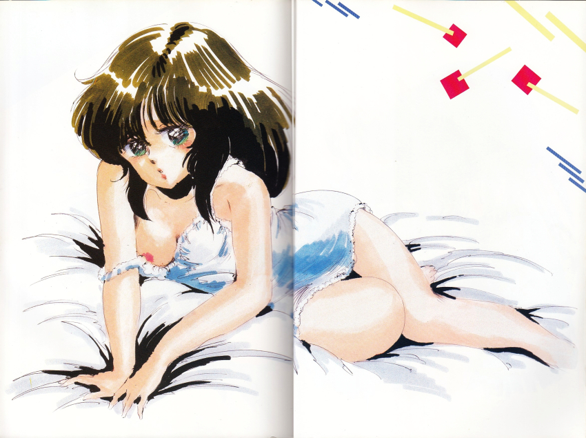 1980s_(style) breasts brown_hair cream_lemon crease green_eyes highres long_hair looking_at_viewer lying marker_(medium) medium_breasts nightgown nipple_slip nipples non-web_source nonomura_ami official_art oldschool on_side retro_artstyle scan scan_artifacts shingyouji_tatsuya stitched strap_slip third-party_edit traditional_media