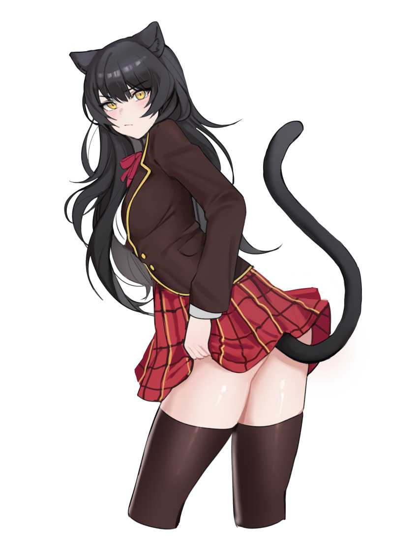 1girl absurdres animal animal_ears blake_belladonna cat_ears cat_girl cat_tail clothes_lift embarrassed evangellium faunus_(rwby) highres leggings looking_back pout ribbon rwby school_uniform skirt skirt_lift tail thighhighs thighs yellow_eyes