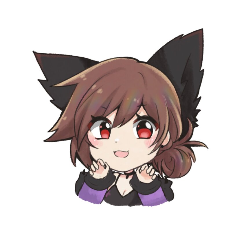 1girl :d animal_ears black_collar borrowed_character breasts brown_hair chibi chibi_only claw_pose cleavage collar cry_(crydiaa) dog_ears dog_girl dot_nose earrings highres indie_virtual_youtuber jewelry light_blush long_sleeves open_mouth pale_skin red_eyes simple_background smile solo spaghetti_strap stud_earrings thick_eyelashes very_low_bun virtual_youtuber white_background wolfychu_(artist)