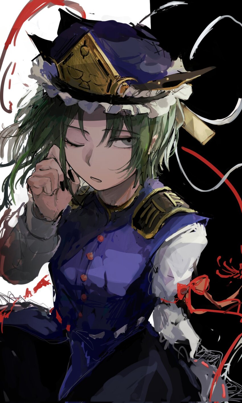 1girl black_background black_skirt blue_hat blue_vest bow buttons commentary_request cowboy_shot epaulettes frilled_hat frills ganmodoki443 green_eyes green_hair hat highres long_sleeves looking_at_viewer one_eye_closed open_mouth red_bow ribbon-trimmed_vest shiki_eiki shirt short_hair skirt sleeve_bow solo touhou two-tone_background vest white_background white_shirt