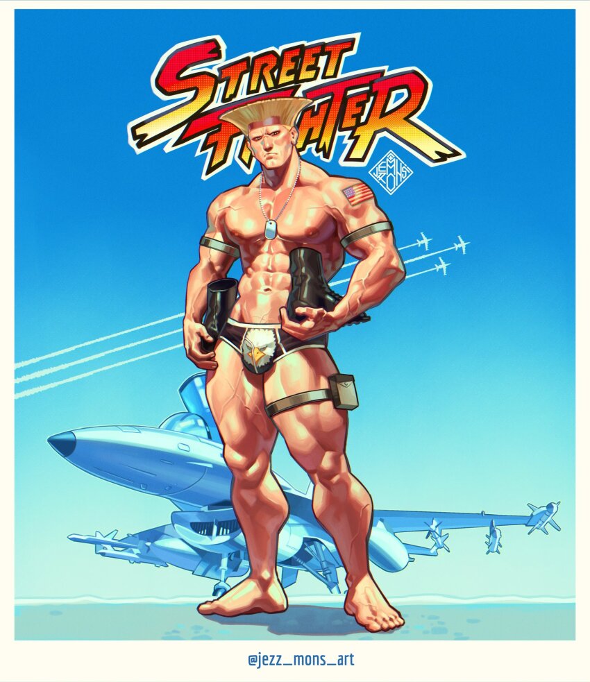 1boy abs arm_tattoo artist_name bara blonde_hair boots brown_male_underwear closed_mouth copyright_name guile headband highres holding holding_boots holding_footwear holding_unworn_clothes jewelry jezz_mons_art large_pectorals looking_at_viewer male_focus male_underwear muscular muscular_arms muscular_legs muscular_male navel necklace nipples pectorals red_headband short_hair solo street_fighter tattoo thighs twitter_username underwear unworn_boots