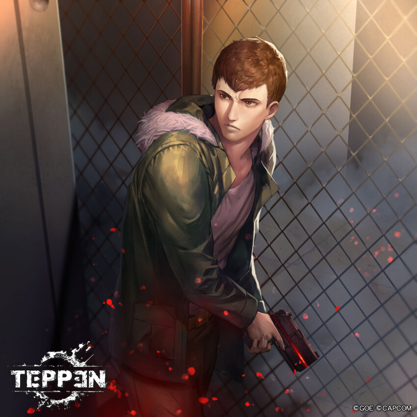 1boy ark_thompson brown_eyes brown_hair capcom chainlink_fence english_text frown fur_trim green_jacket grey_shirt gun handgun highres hood hood_down jacket official_art peperon_(peperou) pistol resident_evil resident_evil_survivor shirt short_hair teppen weapon