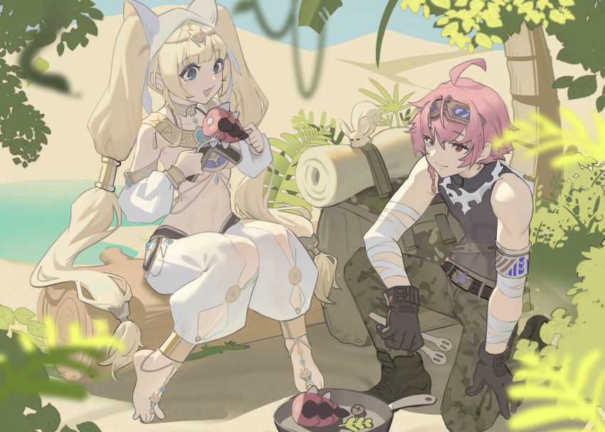 1boy 1girl ahoge animal_ear_legwear anklet backpack bag bandaged_arm bandages bare_shoulders barefoot barefoot_sandals_(jewelry) bedroll belt bilibili_581334 black_gloves black_shirt blonde_hair blue_eyes boots braid breasts bush c_chan_(vtuber) camouflage camouflage_pants cat_ear_legwear chinese_commentary commentary_request commission day desert detached_sleeves fennec_fox food frying_pan gloves goggles goggles_on_head hair_ornament hands_up highres hime_cut holding holding_food holding_stick indie_virtual_youtuber jewelry leaf legs_apart log long_hair looking_at_another midriff navel oasis open_mouth outdoors palm_tree pants pink_hair second-party_source shirt sitting smile squatting stick tree twintails