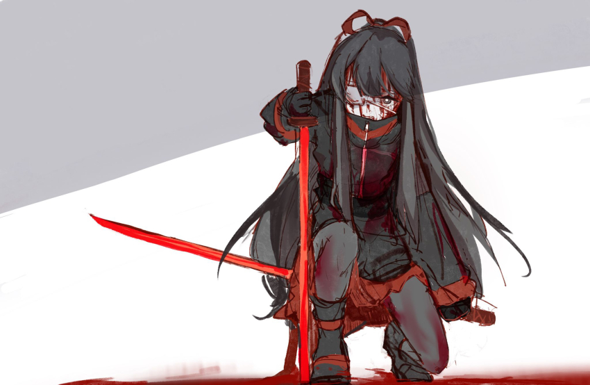 1girl black_boots black_eyes black_hair black_jacket black_pantyhose blood blood_on_clothes blood_on_face blood_on_ground boots eyepatch hair_ribbon highres holding holding_sheath holding_sword holding_weapon jacket katana kneeling library_of_ruina long_hair makihako_bunko medical_eyepatch on_one_knee open_mouth pantyhose project_moon red_ribbon red_skirt ribbon sheath shi_association_south_uniform sidelocks skirt solo sword tenma_(project_moon) very_long_hair weapon