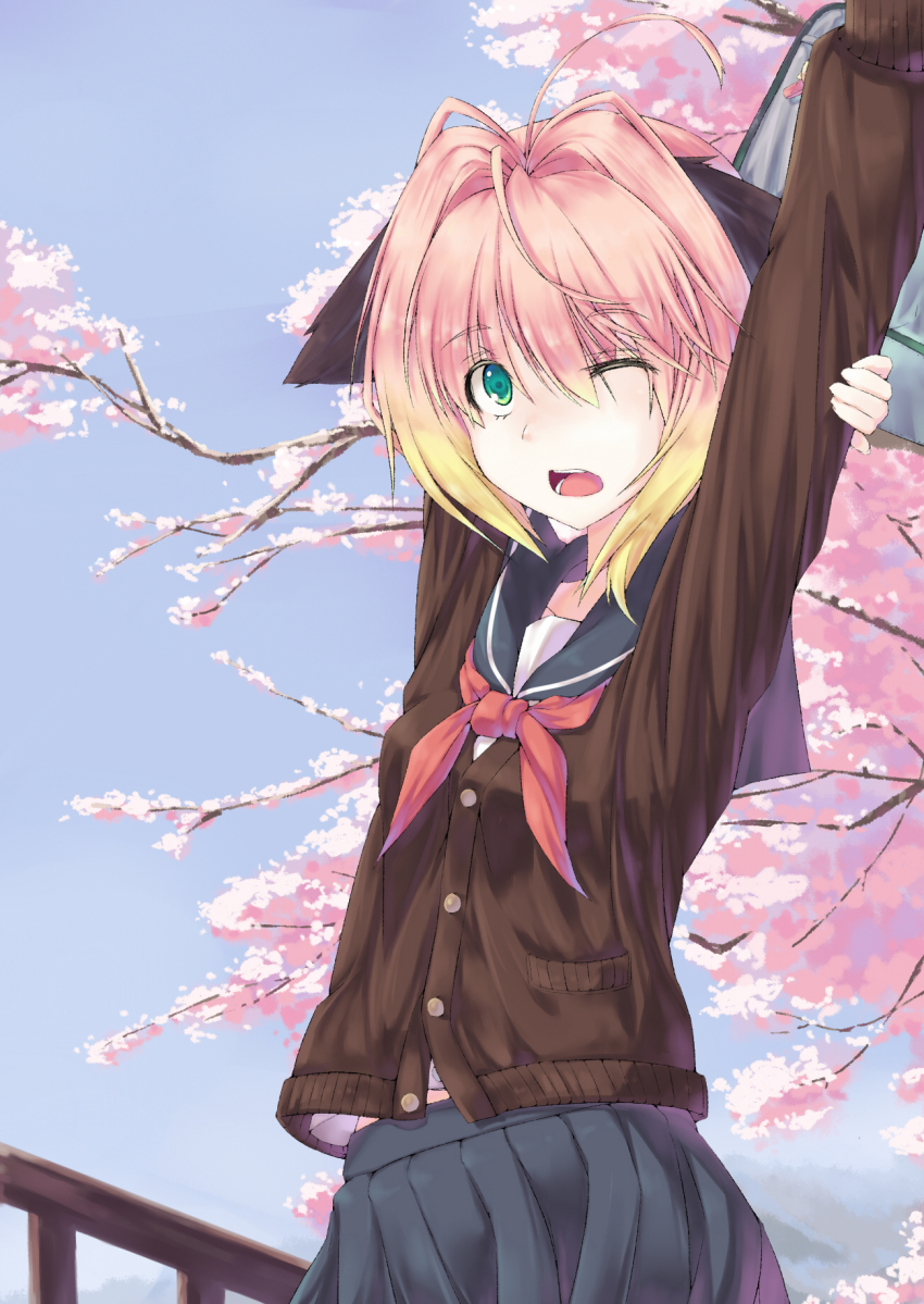 00s 1girl aged_up ahoge animal_ears arcadia090 blinking blonde_hair cardigan female_focus gradient_hair green_eyes highres jaggy_lines multicolored_hair pink_hair potemayo potemayo_(character) school_uniform serafuku skirt solo stretching