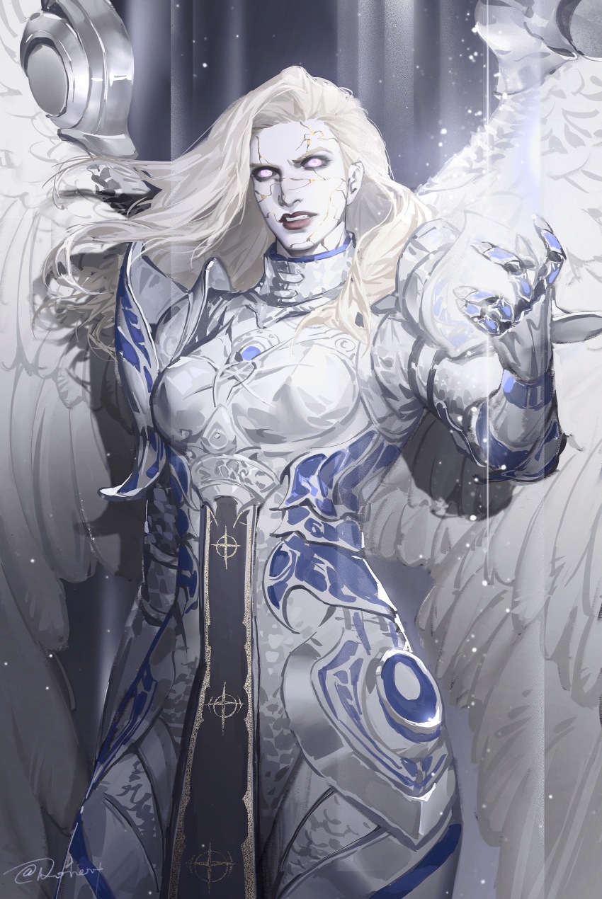 1girl absurdres angel_wings armor baldur&#039;s_gate baldur&#039;s_gate_3 black_eyeshadow blonde_hair boobplate breastplate chinese_commentary clenched_teeth colored_skin commentary_request constricted_pupils cowboy_shot cracked_skin dame_aylin exclusiverobert eyeshadow feathered_wings floating_hair gauntlets glowing glowing_eyes glowing_hand grey_background hand_up highres looking_at_viewer makeup medium_hair pauldrons pelvic_curtain pink_eyes red_lips shoulder_armor signature solo standing teeth white_skin white_wings wing_armor wings
