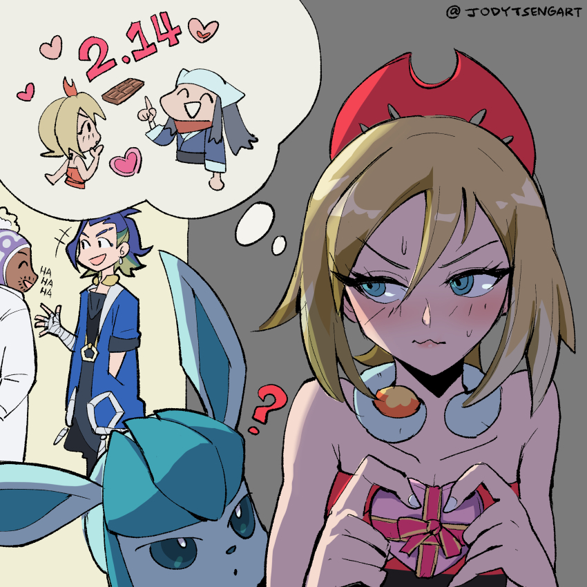 2boys ? absurdres adaman_(pokemon) akari_(pokemon) blonde_hair blue_eyes blue_hair blush candy chocolate chocolate_heart collarbone dark-skinned_male dark_skin eyebrow_cut food gen_4_pokemon glaceon headscarf heart heart-shaped_food highres irida_(pokemon) jody_tseng professor_laventon multicolored_hair multiple_boys nintendo pokemon pokemon_(creature) pokemon_legends:_arceus shirt strapless strapless_shirt sweat two-tone_hair valentine wavy_mouth white_headscarf white_nails