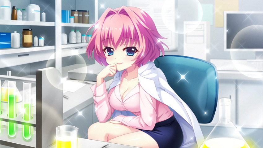 1girl aged_up black_skirt blue_eyes bottle breasts chair chemicals cleavage coat coat_on_shoulders collarbone computer crossed_legs dot_nose erlenmeyer_flask film_grain flask game_cg hair_intakes hand_on_lap hand_on_own_face hard_drive hiiragi_kae hunched_over indoors izumi_tsubasu lab_coat laboratory large_breasts lens_flare long_sleeves looking_at_viewer monitor non-web_source official_art on_chair open_mouth pink_hair pink_shirt re:stage! shelf shirt short_hair sitting skirt smile solo sparkle test_tube test_tube_rack