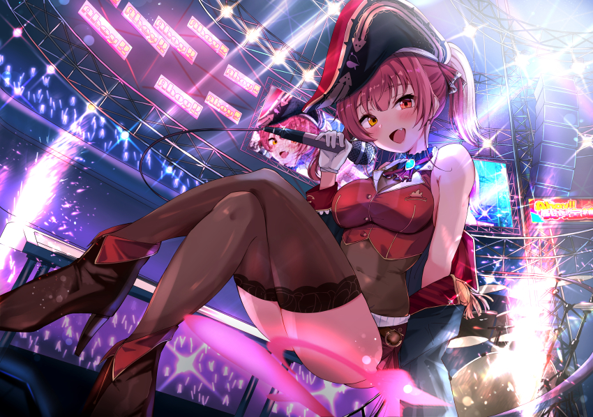 1girl :d absurdres arena ascot audience bare_shoulders bicorne bodystocking boots breasts cleavage commentary crossed_legs crowd drum drum_set fang gloves glowstick hat heterochromia hido_(cherryhido) highres holding holding_microphone hololive houshou_marine houshou_marine_(1st_costume) idol instrument large_breasts legs lights long_hair looking_at_viewer microphone off_shoulder open_mouth pirate_hat red_hair revision sitting smile solo sparks stage stage_lights thighhighs thighs twintails virtual_youtuber white_gloves