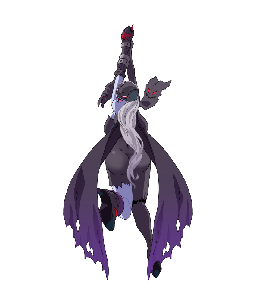 1girl absurdres ass bare_shoulders demon digimon female_focus gerusyu highres ladydevimon mask open_mouth red_eyes simple_background thighs white_background