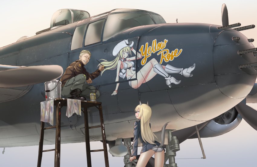 1boy 1girl ;p a9b_(louis814) animal_ears ass b-25_mitchell blonde_hair blush boots breasts bucket cleavage closed_eyes highres marian_e._carl noble_witches nose_art one_eye_closed tail tongue tongue_out world_witches_series