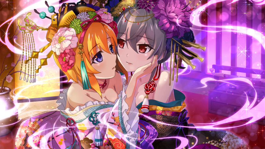 2girls blue_eyes breasts brown_eyes cleavage eye_contact floral_print floral_print_kimono flower frilled_kimono frills game_cg grey_hair hair_flower hair_ornament hair_up hand_on_own_cheek hand_on_own_face highres higurashi_no_naku_koro_ni higurashi_no_naku_koro_ni_mei indoors japanese_clothes kanzashi kimiyoshi_kazuho kimono lens_flare looking_at_another multiple_girls non-web_source official_art oiran orange_hair parted_lips print_kimono red_carpet ryuuguu_rena short_hair sitting smoke sparkle tatami wide_sleeves yuri
