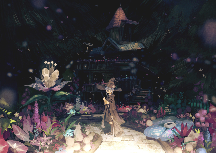 1girl absurdres ahoge_girl_(jimini_shijimi) aqua_eyes aqua_hair black_coat black_shoes black_skirt black_socks brick_road broom chiaroscuro coat collared_shirt commentary_request dandelion_seed expressionless fantasy flower hat highres holding holding_broom house jimini_shijimi long_sleeves no_pupils original plant pleated_skirt rafflesia_(flower) ribbed_socks shirt shoes skirt socks solo stairs standing white_shirt wide_shot wide_sleeves witch_hat