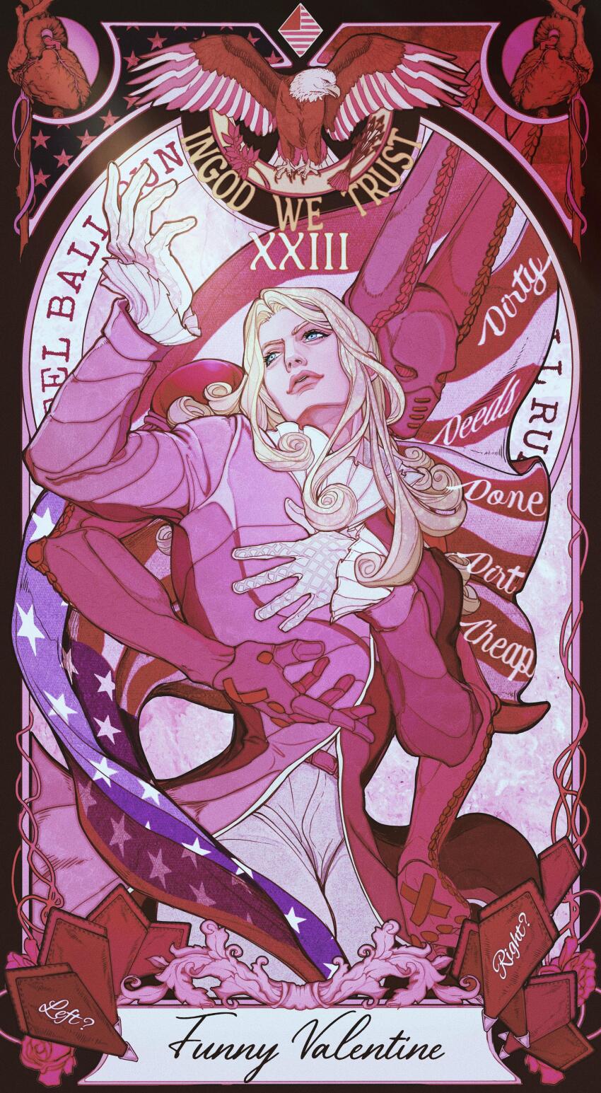 1boy 1other absurdres american_flag argyle_clothes argyle_gloves bird blonde_hair blue_eyes character_name coat dirty_deeds_done_dirt_cheap eagle funny_valentine ginsky2000 gloves heart_(organ) highres jojo_no_kimyou_na_bouken long_coat long_hair long_sleeves napkin pants pink_coat pink_theme shirt stand_(jojo) steel_ball_run white_gloves white_pants white_shirt