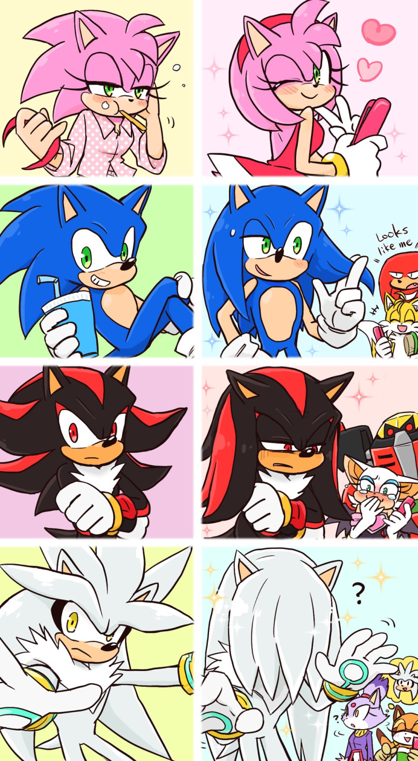 8koma ? amy_rose back bat_(animal) blaze_the_cat blush brushing_hair brushing_teeth cat child cup disposable_cup dress e-123_omega fang fox gloves hair_brush hairband hedgehog highres knuckles_the_echidna laughing long_hair marine_the_raccoon one_eye_closed pajamas polka_dot polka_dot_pajamas raccoon robot rouge_the_bat sega shadow_the_hedgehog shota silver_the_hedgehog smile smirk sonic_(series) sonic_the_hedgehog spiked_hair tails_(sonic) wink yotsumeddd