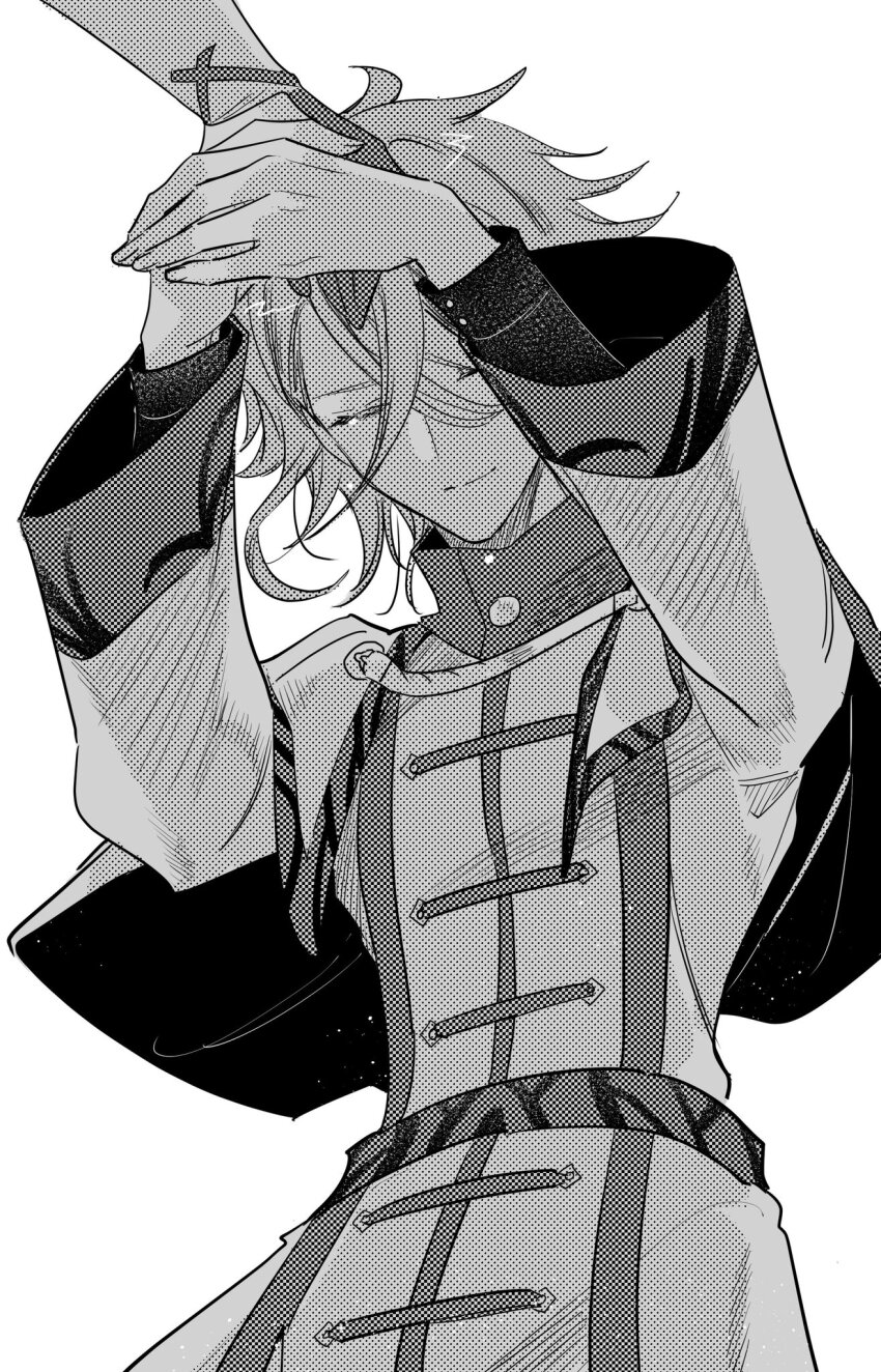 1boy 1other alear_(fire_emblem) closed_eyes closed_mouth fire_emblem fire_emblem_engage greyscale hair_between_eyes highres holding_hands illust_mi monochrome nintendo pandreo_(fire_emblem) priest robe solo_focus