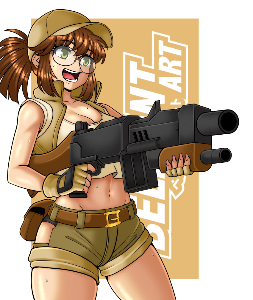 1girl absurdres artist_name bare_shoulders belmont_art belt belt_buckle breasts brown_belt brown_gloves brown_hair brown_hat brown_shorts brown_vest buckle cleavage commentary cowboy_shot crop_top english_commentary field_cap finger_on_trigger fingerless_gloves fio_germi glasses gloves green_eyes gun hat highres hip_vent holding holding_gun holding_weapon large_breasts metal_slug midriff navel open_clothes open_mouth open_vest ponytail short_shorts shorts sidelocks solo sweat tank_top teeth two-handed two-tone_background vest weapon white_background white_tank_top yellow_background