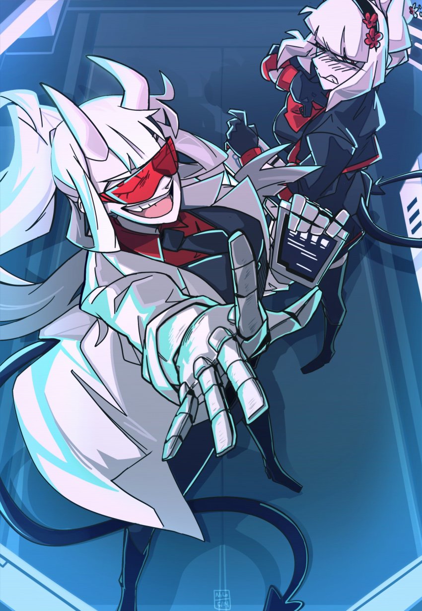 2girls black_legwear blush demon_girl demon_horns demon_tail female_focus formal_clothes glasses goggles grin hair_between_eyes hair_ornament hairband helltaker highres horns kamuify lab_coat laboratory long_hair looking_at_another looking_at_viewer loremaster_(helltaker) lucifer_(helltaker) multiple_girls necktie open_mouth pants pointing ponytail prosthesis prosthetic_arm red-tinted_eyewear red-tinted_glasses red_eyes red_shirt shirt smile sunglasses tablet tagme tail tinted_eyewear vest visor white_hair