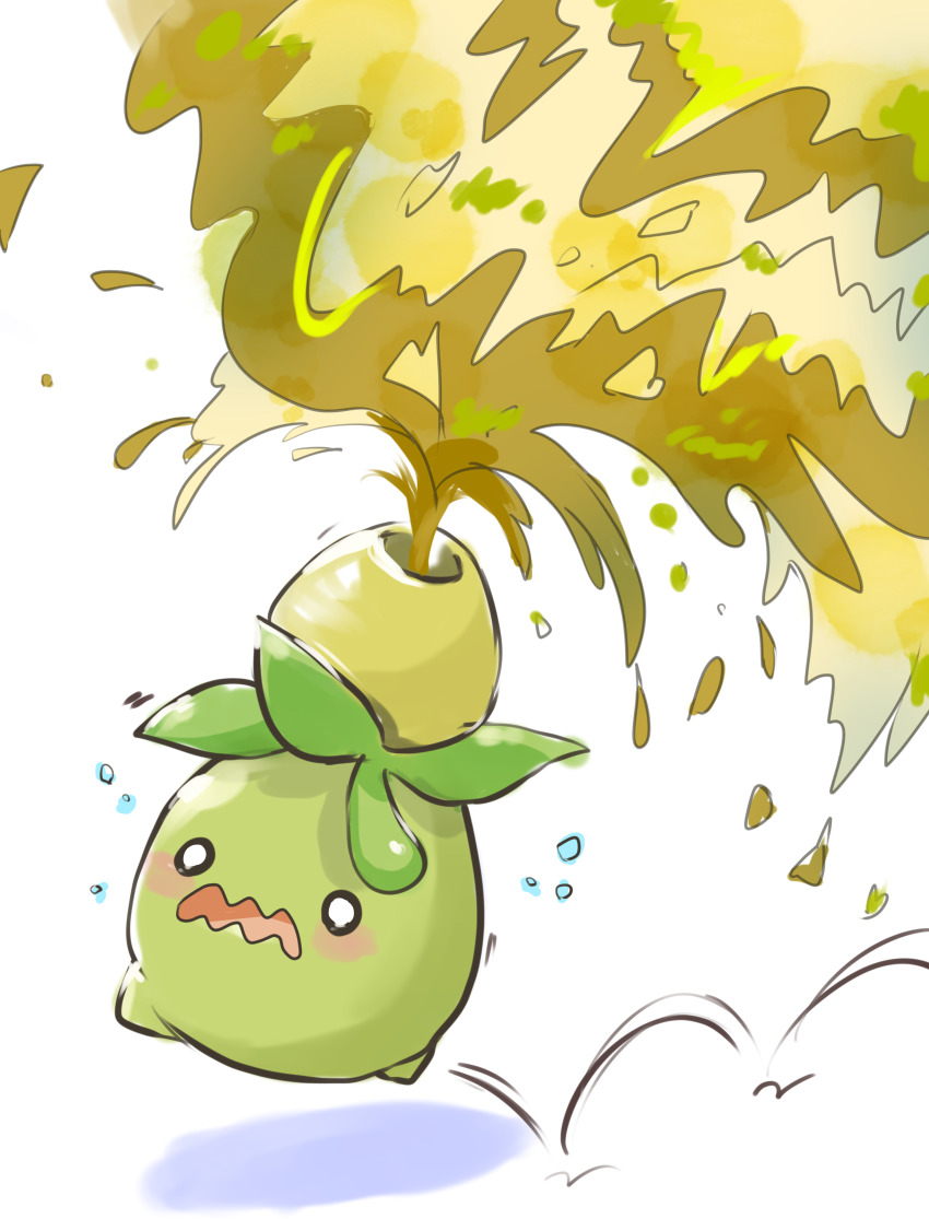 absurdres bad_id bad_pixiv_id blush commentary_request creatures_(company) game_freak highres hopping nintendo no_humans o_o open_mouth pokemon pokemon_(creature) rock_mani smoliv solo squirting_liquid tongue wavy_mouth white_background
