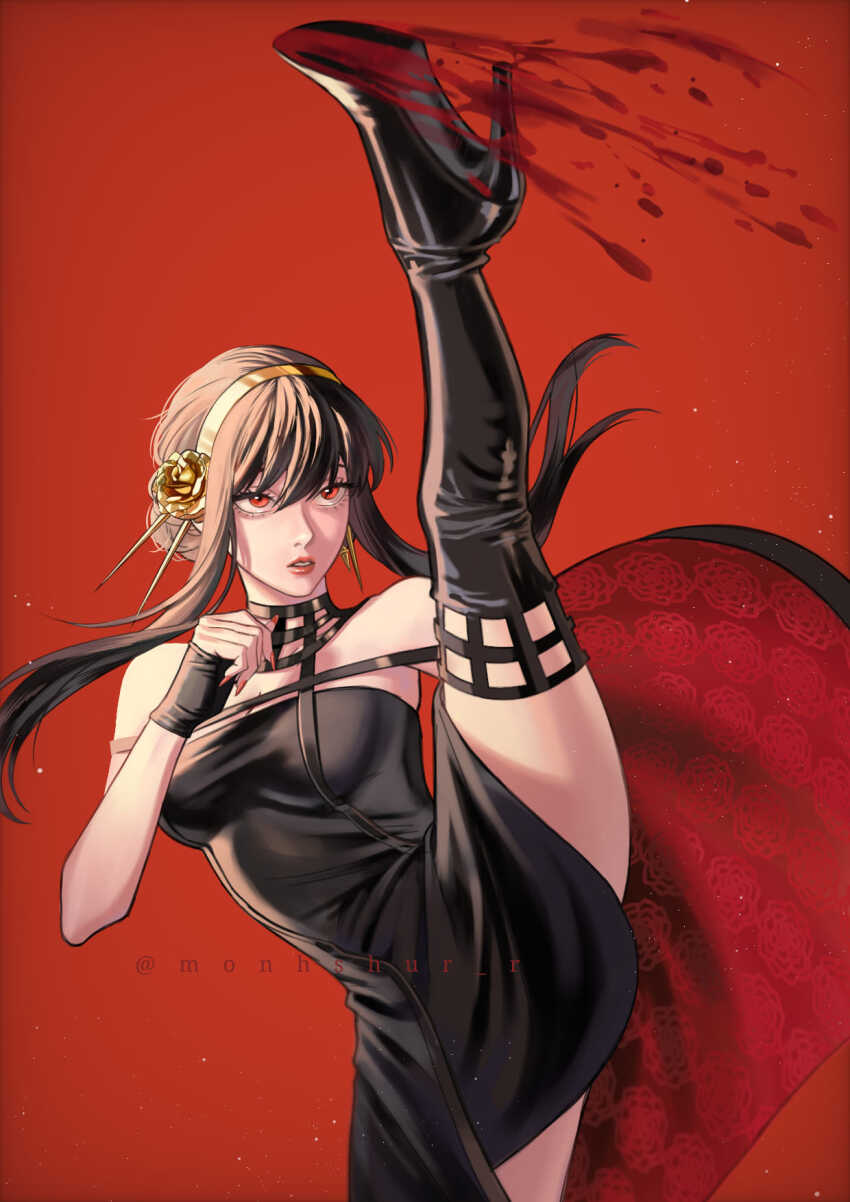 1girl black_dress black_hair blood boots breasts cleavage commentary commentary_typo dress earrings gold_earrings gold_hairband hairband high_heel_boots high_heels high_kick highres jewelry kicking medium_breasts monhshur_r patent_boots patent_heels red_background red_eyes red_nails sidelocks solo spy_x_family stiletto_boots stiletto_heels thigh_boots two-sided_dress two-sided_fabric yor_briar