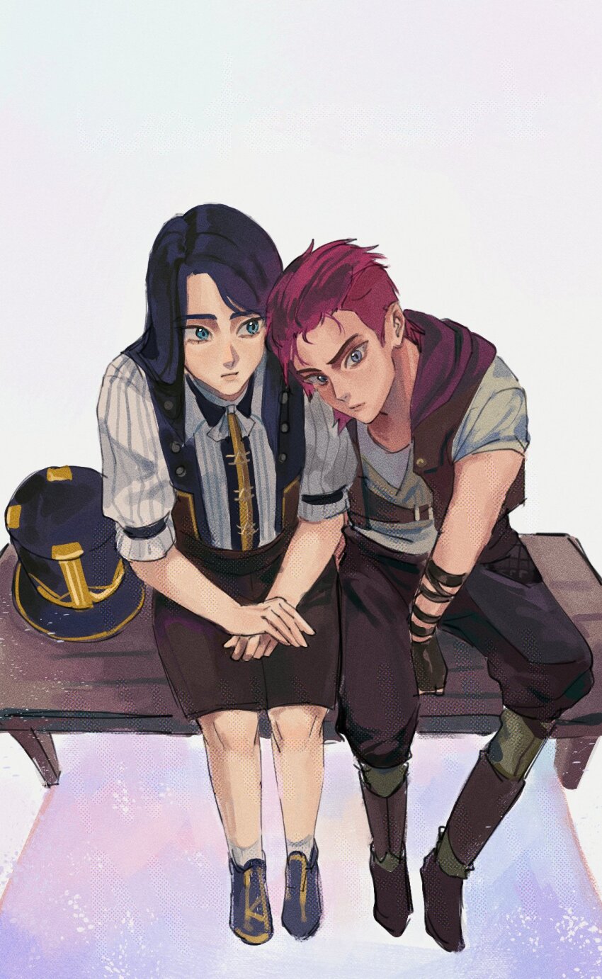 2girls aged_down arcane:_league_of_legends arcane_caitlyn arcane_vi blue_eyes blue_hair caitlyn_(league_of_legends) gloves highres jacket league_of_legends long_hair mmmeeaou multiple_girls pants pink_hair red_hair school_uniform short_hair skirt vi_(league_of_legends) yuri