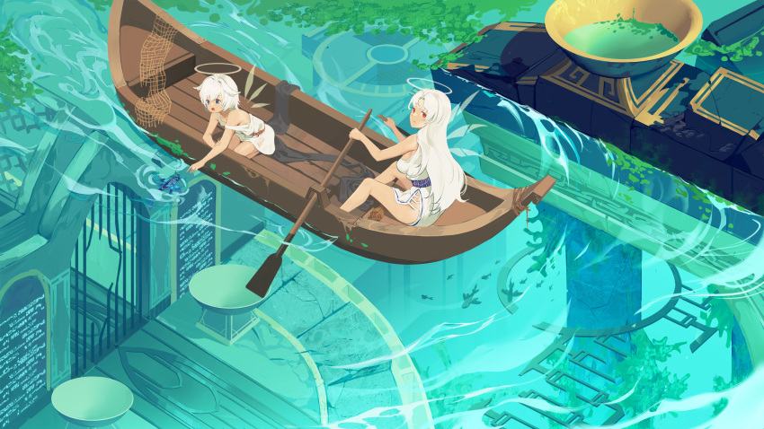 2girls :o angel animal bad_id bad_pixiv_id bare_arms bare_shoulders blue_eyes boat bowl breasts day detached_wings dress fantasy fish fishing_net from_above gate hair_flaps halo highres holding leaf long_hair looking_at_viewer looking_away looking_down looking_up medium_breasts multiple_girls oar original outdoors pointing red_eyes rowboat ruins sash seiza short_hair side_slit sitting sleeveless sleeveless_dress strap_slip transparent_wings underwater_city wangxiii water watercraft white_dress white_hair wings