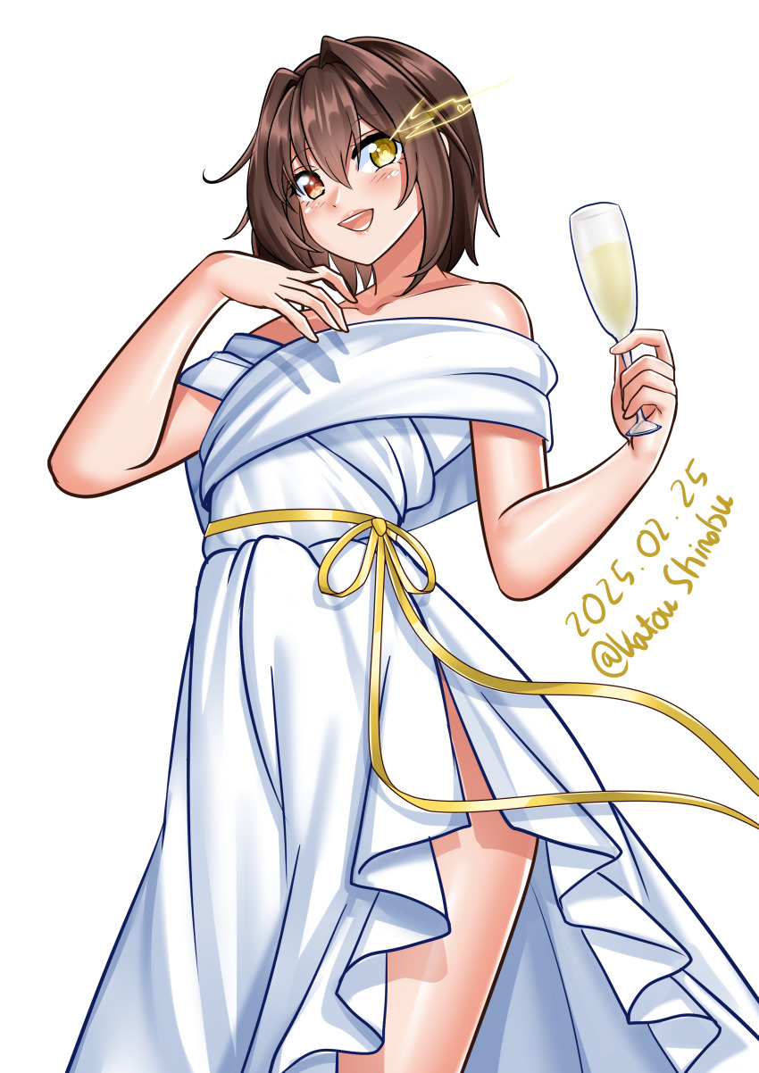 1girl absurdres alternate_costume brown_hair champagne_flute collarbone cup dated dress drinking_glass feet_out_of_frame furutaka_(kancolle) glowing glowing_eye highres kantai_collection katou_shinobu off-shoulder_dress off_shoulder one-hour_drawing_challenge open_mouth short_hair simple_background smile solo teeth twitter_username upper_teeth_only white_background white_dress yellow_eyes