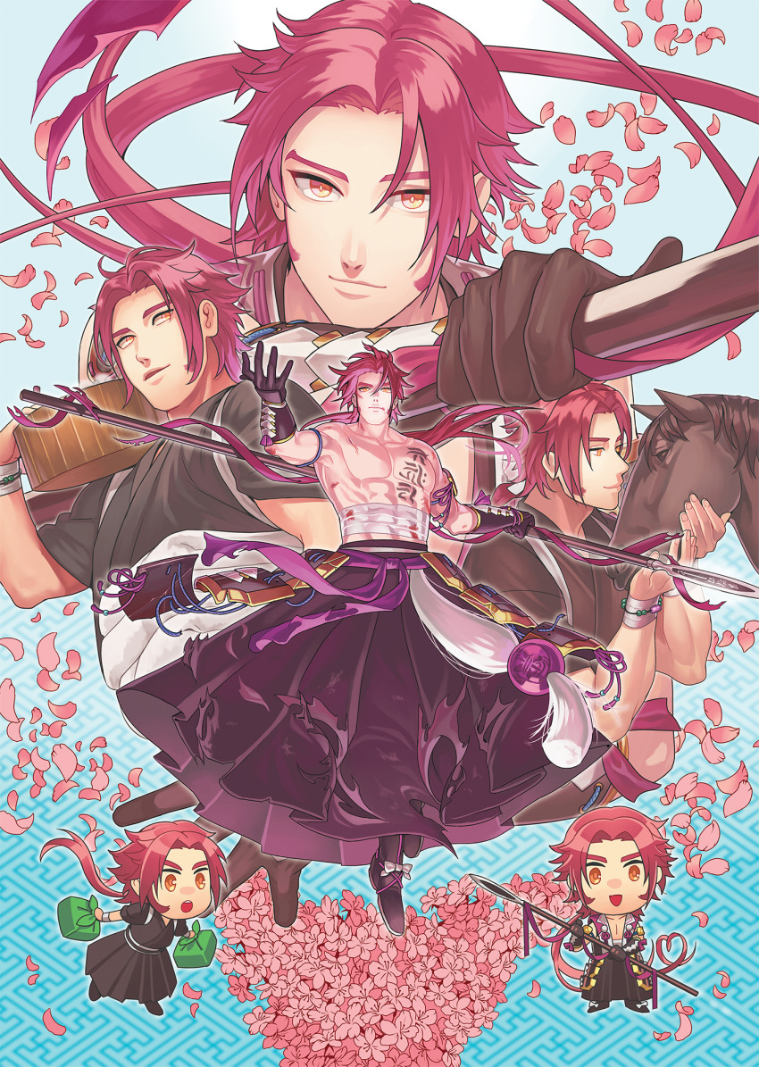 1boy arm_armor brown_kimono cherry_blossoms chest_tattoo chibi dolustoy flower full_body hakama hakama_skirt highres holding holding_polearm holding_weapon japanese_clothes kimono long_hair looking_at_viewer male_focus midriff_sarashi muscular muscular_male pink_eyes pink_flower pink_petals polearm ponytail purple_sash red_hair sarashi sash sayagata skirt solo spear tattoo tonbokiri_(touken_ranbu) topless_male touken_ranbu weapon