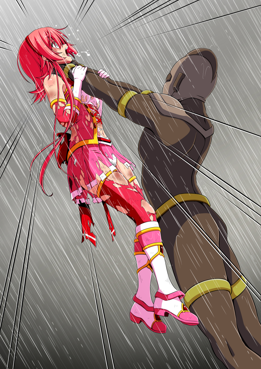 1boy 1girl absurdres abuse arms_up asphyxiation back_bow battle beaten blush body_blush bodysuit boots bow breasts brown_bodysuit brown_helmet bruise bruise_on_arm bruise_on_face bruise_on_leg bruise_on_stomach character_request clover_rose collared_dress constricted_pupils detached_sleeves dirty dirty_clothes dress elbow_gloves emphasis_lines feet_out_of_frame fighting from_side full_body gloves hairband hands_on_another&#039;s_arms hands_on_another&#039;s_neck hanging_legs height_difference helmet highres huge_bow immobilization injury knee_boots koeda0111 lace lace-trimmed_dress lace_trim lifting_person long_sidelocks magical_girl miniskirt multicolored_footwear multicolored_skirt navel neck_lift open_mouth original outdoors pain panties pantyshot peril pink_boots pink_dress pink_eyes pink_gloves pink_hair pink_skirt pink_sleeves pink_thighhighs pleated_skirt profile rain red_bow red_hairband ryona saliva scratches short_dress short_hair_with_long_locks skirt sleeveless sleeveless_dress slim_legs small_breasts storm strangling struggling tall_male thighhighs torn torn_clothes torn_dress torn_skirt torn_thighhighs underwear utsugi_chisaki very_long_sidelocks violence wet wide-eyed yotsuba_no_senki_clover_rose zettai_ryouiki