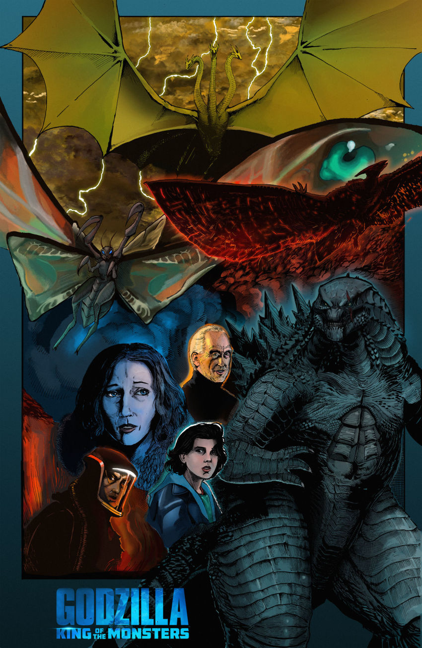 alan_jonah alien bioluminescence blue_eyes bug butterfly christian_willlett claws conjoined dinosaur dragon dragon_horns dragon_wings electricity elemental_(creature) embers emma_russell energy epic fangs fire fire_elemental flying glowing glowing_eyes godzilla godzilla:_king_of_the_monsters godzilla_(series) hazmat_suit highres horns hydra insect kaiju king_ghidorah lava legendary_pictures lightning madison_russell monarch_(monsterverse) monster monsterverse moth mothra movie_poster multiple_heads multiple_tails open_mouth parody rodan scales scar scar_across_eye scar_on_face scientist serizawa_ishiro smoke spikes storm style_parody tail teeth text_focus toho wings yellow_eyes
