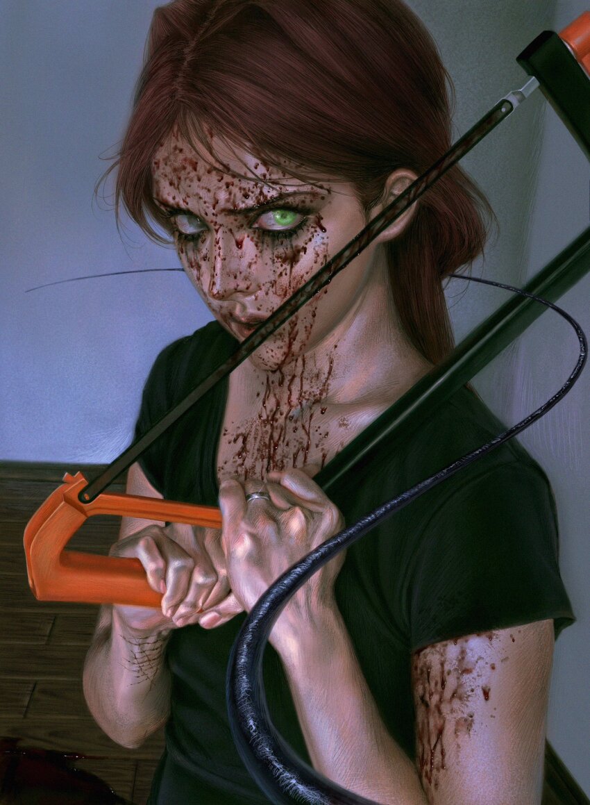 1girl black_tail blood blood_on_face blood_on_ground cuts green_eyes highres holding_saw injury longwandb original red_hair saw self-harm wrist_cutting
