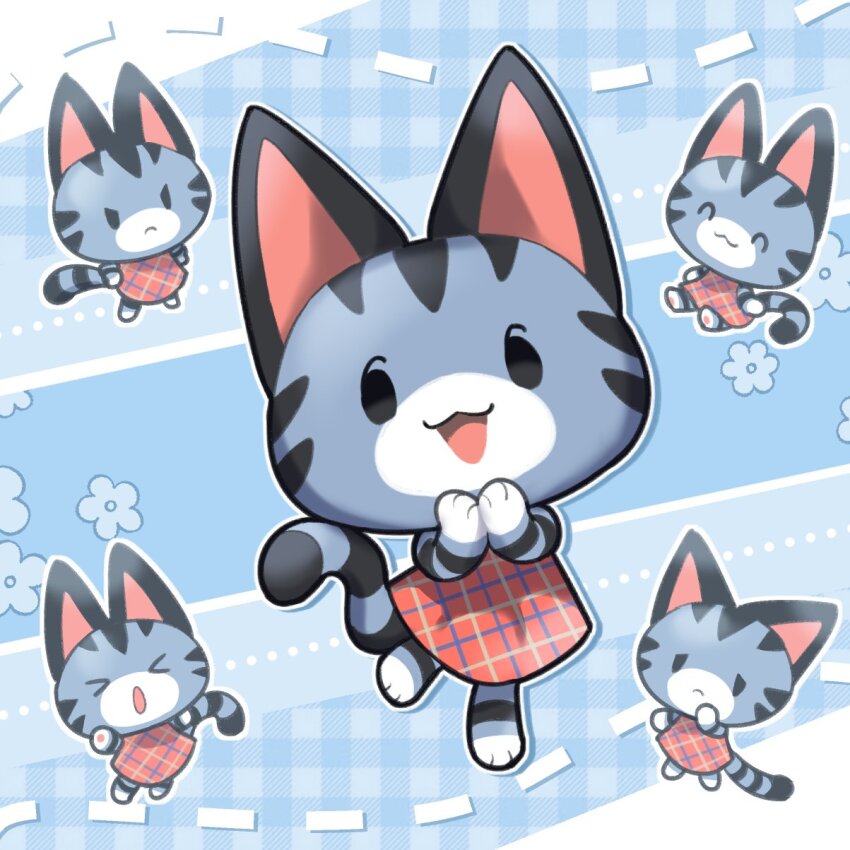 &gt;_&lt; 1girl :3 :d :o ^_^ angry animal_crossing animal_ears black_eyes blue_background cat_ears cat_girl cat_tail closed_eyes closed_mouth commentary dotted_line dress english_commentary flower_symbol frown furry furry_female hands_up happy highres leg_up lolly_(animal_crossing) looking_at_viewer loveycloud multiple_views nintendo open_mouth own_hands_together plaid_background red_dress sad sleeveless sleeveless_dress smile standing standing_on_one_leg tail
