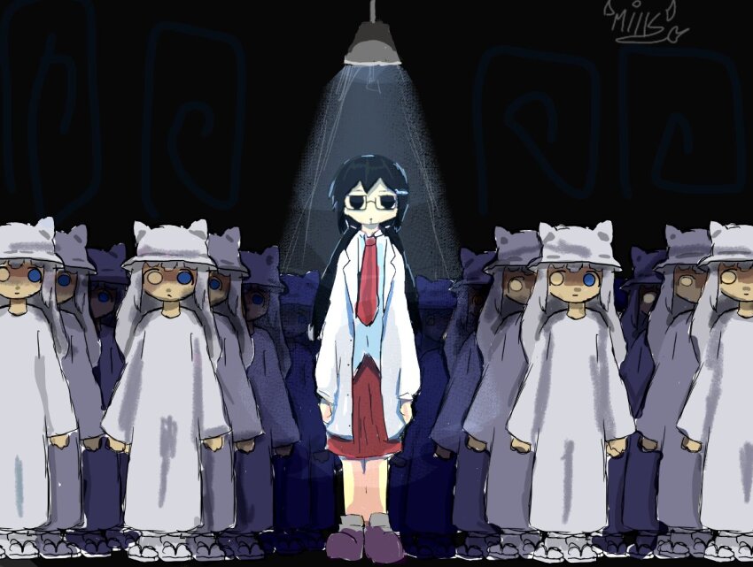 artist_name black_eyes black_hair blue_eyes clone closed_mouth dark_room fish_hair_ornament fish_hairpin full_body glasses hair_ornament hairpin hat helmet heterochromia horned_hat lab_coat lamp legs long_hair long_sleeves looking_at_viewer looking_to_the_side low_twintails mirukutonic necktie red_necktie red_skirt robe shimeji_simulation shoes skirt the_gardener_(shimeji_simulation) tsukishima_mina tsukishima_shijima&#039;s_sister twintails white_hair white_hat white_robe yellow_eyes