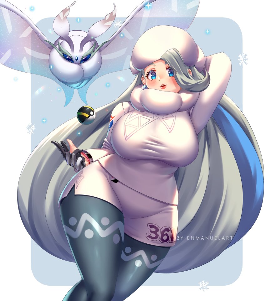 1girl absurdres arm_behind_head artist_name big_hair black_gloves blue_background blue_eyes blue_hair blush border breasts bug earrings enma_(enmanuelart) eyelashes eyes_visible_through_hair fingerless_gloves frosmoth fur_hat gen_8_pokemon glint gloves green_hair green_pantyhose grey_gloves gym_leader hair_over_one_eye half_gloves hat highres impossible_clothes impossible_shirt impossible_sweater insect jewelry large_breasts lips long_hair long_sleeves looking_at_viewer mature_female melony_(pokemon) moth multicolored_hair nintendo pantyhose pantyhose_under_shorts parted_lips pink_lips poke_ball pokemon pokemon_swsh scarf shirt shorts single_fingerless_glove single_glove smile snowflakes sparkle standing streaked_hair sweater taut_clothes taut_shirt taut_sweater teeth thick_eyebrows thighs two-tone_hair ultra_ball upper_teeth_only very_long_hair white_border white_headwear white_scarf white_shorts white_sweater wide_hips wings winter_clothes