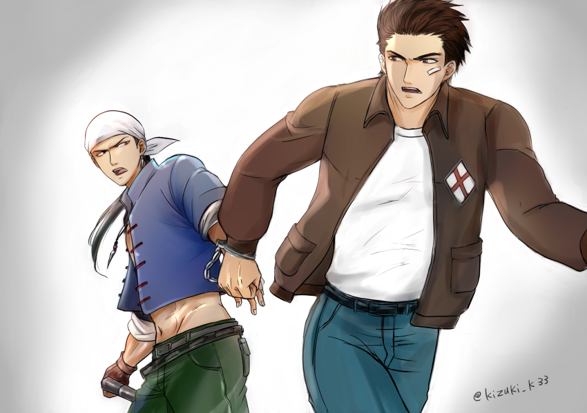 2boys bandana blue_shirt brown_eyes brown_hair brown_jacket chinese_clothes cuffs denim gradient_background handcuffs hazuki_ryou highres jacket jeans jewelry kizuki96 leather leather_jacket looking_at_another multiple_boys muscular muscular_male necklace open_mouth pants patch ren_wu_ying running shenmue shenmue_the_animation shirt signature spiked_hair tooth_necklace white_bandana white_shirt
