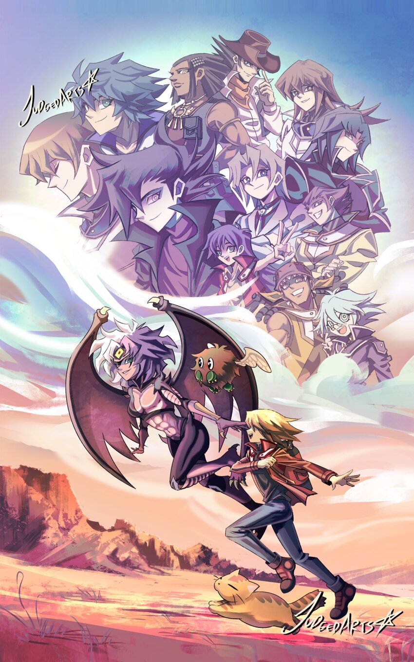 abs austin_o&#039;brien backpack bag black_hair black_jacket black_shirt blonde_hair blue_eyes blue_hair blue_jacket dark-skinned_male dark_skin demon_girl demon_wings denim desert dreadlocks duel_academy_uniform_(yu-gi-oh!_gx) duel_monster edo_phoenix everyone glasses green_eyes grey_eyes grey_hair hat highres jacket jeans jim_crocodile_cook johan_andersen judgedarts long_hair manjoume_jun marufuji_ryo marufuji_sho misawa_daichi multicolored_hair pants pharaoh_(cat) red_jacket running saotome_rei shirt shoes smile sneakers spiked_hair tenjouin_asuka tenjouin_fubuki third_eye tyranno_kenzan v white_hair winged_kuriboh wings yellow_jacket yu-gi-oh! yu-gi-oh!_gx yubel yuki_judai