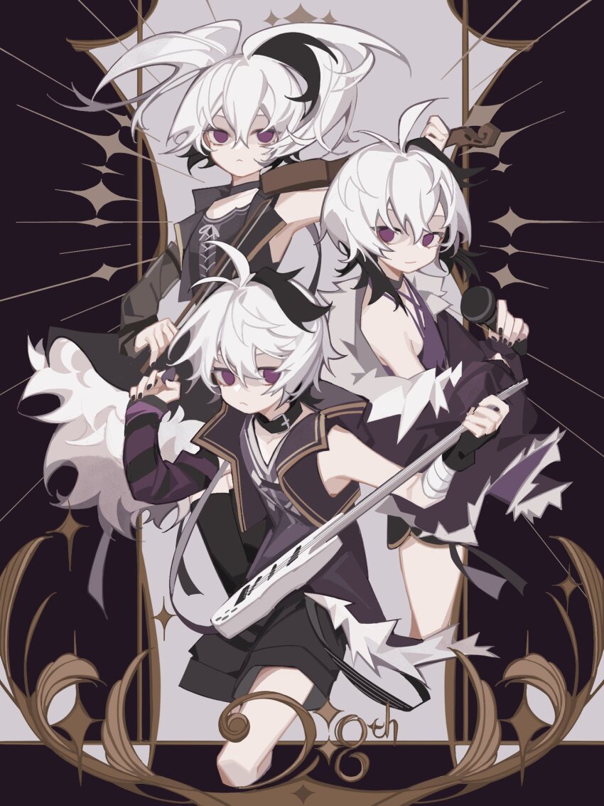 3girls androgynous antenna_hair arm_up arm_warmers bandaged_arm bandages bare_shoulders black_arm_warmers black_gloves black_hair black_nails black_shorts black_skirt black_thighhighs choker closed_mouth cross-laced_clothes detached_sleeves eight-b fingerless_gloves flat_chest flower_(gynoid_talk) flower_(vocaloid) flower_(vocaloid3) flower_(vocaloid4) fur_trim gloves guitar gynoid_talk highres holding holding_guitar holding_instrument holding_microphone holding_violin instrument jacket light_frown light_smile looking_at_viewer medium_hair microphone multicolored_hair multiple_girls multiple_persona music nail_polish no_pupils playing_guitar playing_instrument ponytail purple_arm_warmers purple_eyes purple_jacket purple_vest see-through_clothes see-through_sleeves short_shorts shorts single_arm_warmer single_fingerless_glove single_glove skirt streaked_hair striped_arm_warmers thighhighs tomboy v-neck vest violin vocaloid