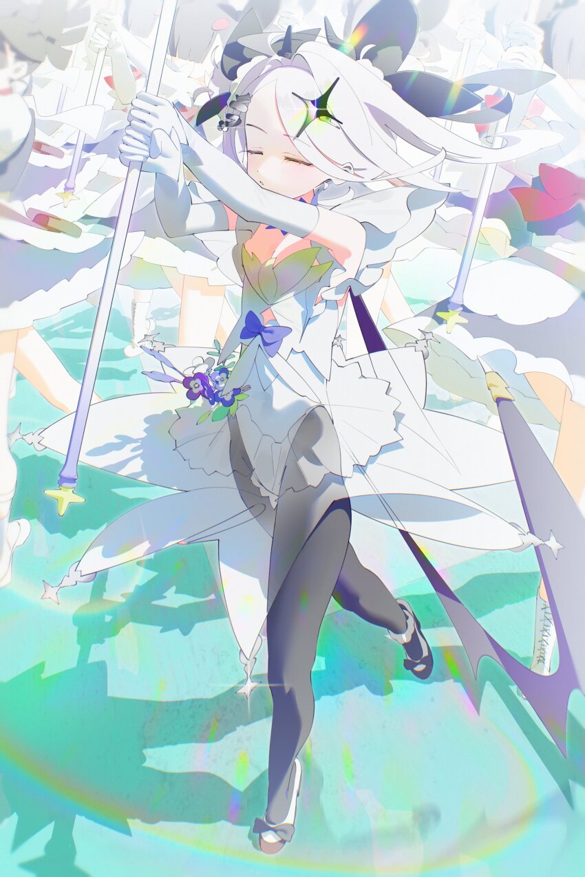 1girl 6+girls absurdres ahoge armpits black_hair blue_archive blush bm_tol breasts commentary_request demon_girl demon_horns demon_wings highres hina_(blue_archive) horns long_hair low_wings magical_girl multiple_girls small_breasts solo standing white_hair wings