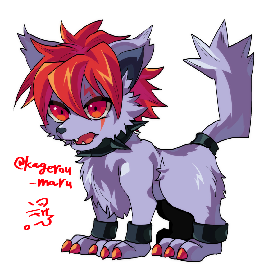 animal_focus animalization artist_name claws closed_mouth collar commentary_request cool_the_cerberus cuffs demon_(megami_tensei) dog fang fang_out fangs highres kagerou_maru looking_at_viewer no_humans open_mouth red_claws red_eyes red_hair scar scar_across_eye scar_on_face shin_megami_tensei shin_megami_tensei_devil_children signature spiked_collar spikes white_background