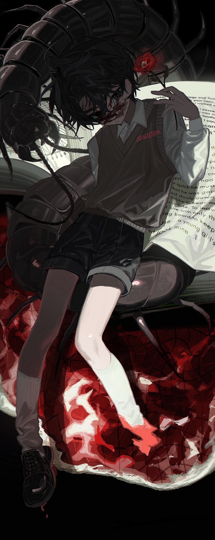 1boy absurdres black_background black_hair black_shoes black_shorts blood blood_on_face bug centipede collared_shirt flower full_body hair_between_eyes highres holding holding_flower male_focus original rose sample_watermark shirt shoes short_hair shorts socks solo sweater_vest watermark white_shirt white_socks ze0reo