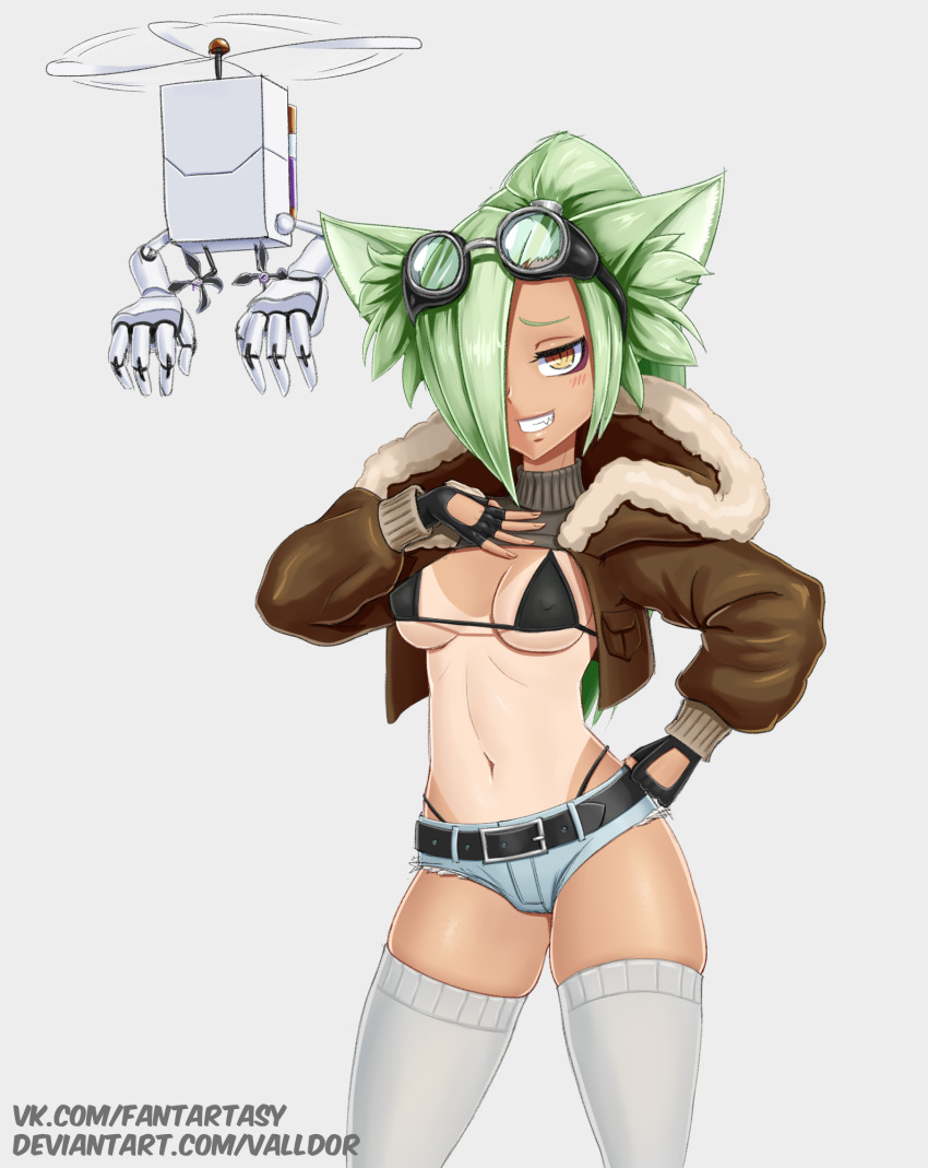 1girl animal_ears artist_name belt black_belt black_gloves blush brown_eyes brown_jacket cat_ears crop_top denim denim_shorts deviantart_username fang female_focus fingerless_gloves gloves goggles goggles_on_head green_hair gremlin_(monster_girl_encyclopedia) grey_thighhighs hair_over_one_eye hand_on_own_chest hand_on_own_hip highres hood hood_down jacket long_hair long_sleeves looking_at_viewer monster_girl monster_girl_encyclopedia monster_girl_encyclopedia_ii parted_lips ponytail shorts smile solo tan tanline teeth thighhighs thong valldor vkontakte_username watermark web_address whale_tail_(clothing)