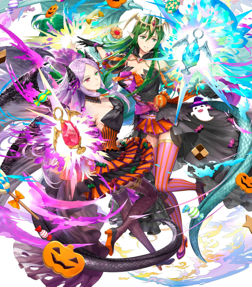 2girls alternate_costume black_gloves breasts candy cleavage cookie costume dragon_girl dragon_tail dragon_wings dress energy female_focus fire_emblem fire_emblem:_new_mystery_of_the_emblem fire_emblem:_shadow_dragon fire_emblem:_the_binding_blade fire_emblem_heroes food frilled_dress frilled_skirt frills gloves green_eyes green_hair halloween halloween_costume heterochromia high_heels highres idunn_(fire_emblem) idunn_(halloween)_(fire_emblem) in-franchise_crossover jack-o&#039;-lantern large_breasts long_hair matching_hair/eyes multiple_girls nagi_(fire_emblem) nagi_(halloween)_(fire_emblem) nintendo non-web_source official_alternate_costume official_art parted_lips pointy_ears red_eyes skirt smile striped_clothes striped_thighhighs tail thighhighs trait_connection wings zettai_ryouiki
